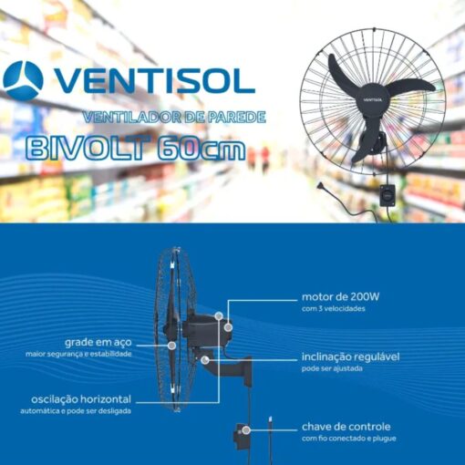 VENTILADOR PAREDE PRETO 60CM 200W 127/220V PREMIUN VENTISOL
